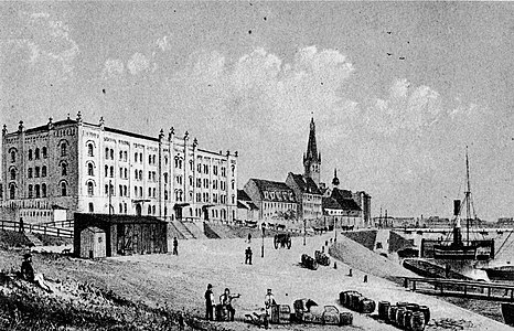 Lagerhaus am Rheinufer, um 1870