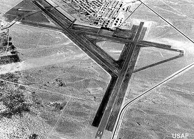 The Las Vegas Army Airfield had three runways in 1942, the year Tonopah Army Airfield opened in August (the Tonopah Bombing Range had been divided in 