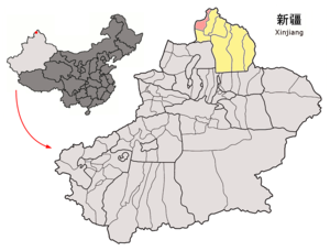 Kaba İlçesi'nin Sincan Uygur Özerk Bölgesideki konumu (pembe)