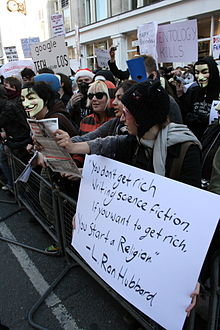 Protesters at February 10 anti-Scientology protests in London, England.