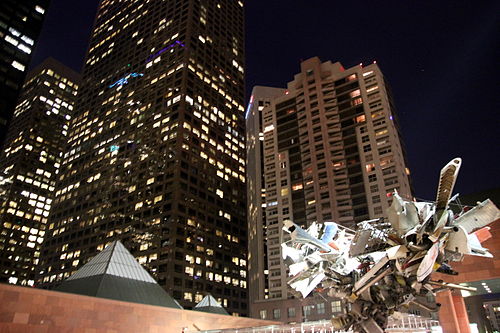 MOCA downtown buildings and Nancy Rubin's Airplane Parts sculpture