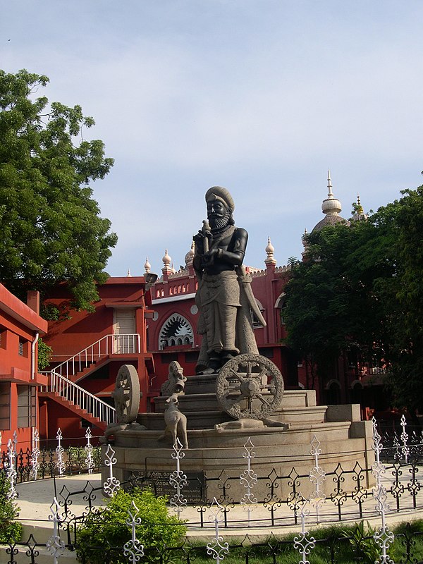 The statue of Manuneedhi Cholan in the Madras High Court premises