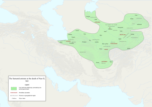 Extent of the Samanid realm at the death of Nasr II in 943