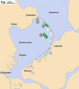 Artificial islands of the Markermeer
1 = prototype
2 = Trintelzand [nl]
3 = Marker Wadden
in pale = proposed islands (in 2022). Markermeer2022.jpg