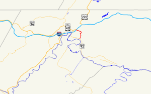 Un mapa del condado central de Allegany, Maryland, que muestra las carreteras principales.  Maryland Route 639 conecta MD 51 con I-68 en el lado este de Cumberland.