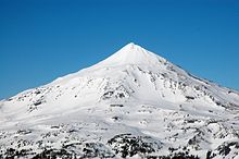 Средняя сестра, покрытая снегом и льдом, возвышается над редколесьем.