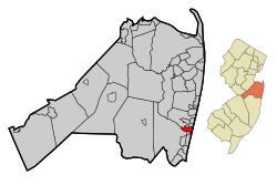 Mapa Belmar w hrabstwie Monmouth.  Wstawka: Lokalizacja hrabstwa Monmouth wyróżniona w stanie New Jersey.