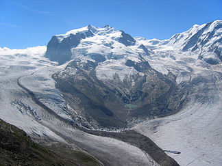 Monte Rosa west side with Gorner and Grenz glaciers, Nordend and Dufourspitze