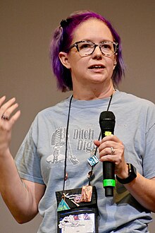 Lafferty performing a live episode of the Ditch Diggers podcast at the 2017 Worldcon. Mur Lafferty Worldcon 2017 1.jpg