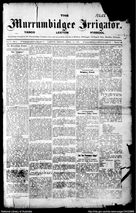 Front page of The Murrumbidgee Irrigator for its first issue on 23 April 1915 Murrumbidgee Irrigator 23 April 1915.PNG