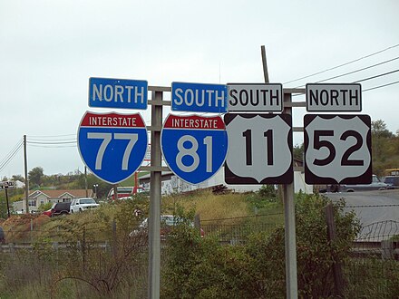 This westbound highway in southwestern Virginia simultaneously carries I-77 and I-81 in opposite directions. The wrong-way concurrency is also reflected in US 52 and US 11, which are concurrent with I-77 and I-81, respectively.