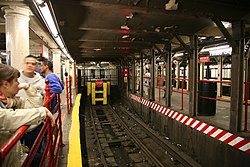 Bumper block at the end of the 42nd Street Shuttle tracks in Times Square station NYC Subway S line terminus.jpg