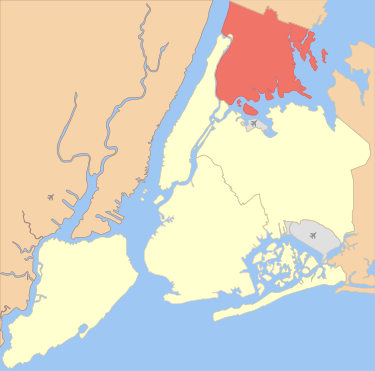 Location of the Bronx, shown in red, in New York City