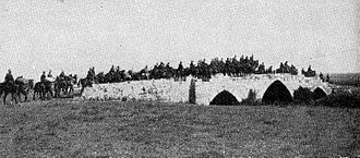 New Zealand Mounted Rifles Brigade crossing old crusader bridge at Yibna New Zealand Mounted Rifles cross Yebna Bridge (Powles p.146).jpg