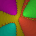 Newton fractal for p(z) = z5 − 3iz3 − (5 + 2i)z2 + 3z + 1, coloured by root reached, shaded by number of iterations required.