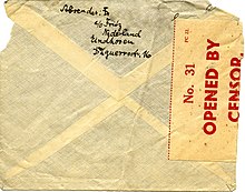 British censor sticker on a letter sent in late 1939 from The Netherlands to Palestine (then under British mandate) OpenedByCensor1939.jpg