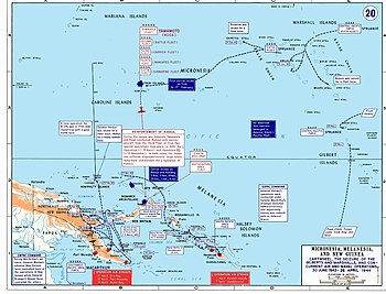 Mappa a colori della Nuova Guinea, delle isole Bismark, delle isole Salomone e dell'area del Pacifico centrale, dove sono segnati i movimenti principali delle forze alleate e giapponesi tra il giugno 1943 e l'aprile 1944