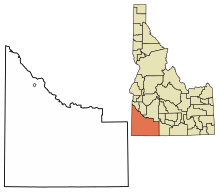 Owyhee County Idaho Sisällytetyt ja rekisteröimättömät alueet Marsing Highlighted 1650950.svg