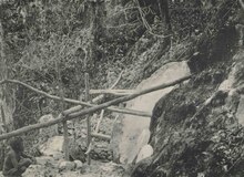 Fotografía en blanco y negro de andamios y una moneda de piedra parcialmente separada de la pared