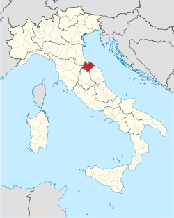 Map highlighting the location of the province of Pesaro e Urbino in Italy