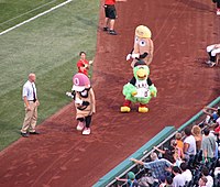 The Pirate Parrot getting involved in the Great Pierogi Race, seen with Oliver Onion and Cheese Chester Pierogie race august 2006.jpg