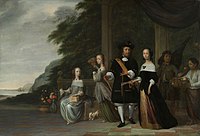 The Batavian Senior Merchant Pieter Cnoll and his Family 1665. oil on canvas medium QS:P186,Q296955;P186,Q12321255,P518,Q861259 . 130 × 190.5 cm (51.1 × 75 in). Amsterdam, Rijksmuseum Amsterdam.