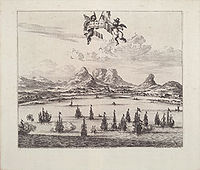 Вид с корабля на бухту Столовая в 1727 году. На заднем плане — гора Столовая