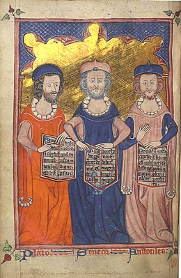 A 14th-century English depiction of three classical philosophers held in high esteem in the medieval era: Plato, Seneca, and Aristotle. Seneca's reputation was partially linked to his apocryphal friendship with Paul. Plato Seneca Aristotle medieval.jpg