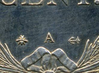 Mint mark and privy marks on French Cochinchina 20 Cents 1879, Paris Mint PrivyMark.jpg