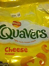 Quavers cheese flavour. Introduced by Smith's in the United Kingdom in 1968, they are now produced by Walkers Quavers packet.jpg
