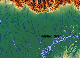 বৃহত্তর ব্রহ্মপুত্র নদে বিলীয়মান রায়ডাক নদীর গতিপথের রিলিফ মানচিত্র