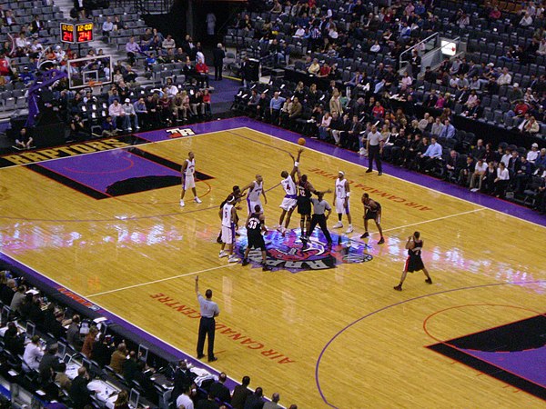 A game between the Raptors and the Portland Trail Blazers during the 2004–05 season. The Raptors were moved to the NBA's Atlantic Division prior to th