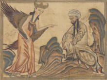 Depictions of Muhammad receiving his first revelation from Gabriel Rashid al-Din Tabib - Jami al-Tawarikh, f.45v detail - c. 1306-15.png