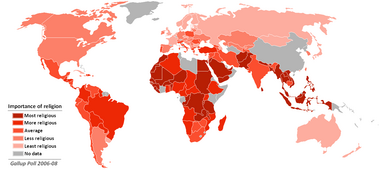 Vallásosság a világban. vörös: leginkább vallásos. Felmérés: 2006–2008, Gallup.