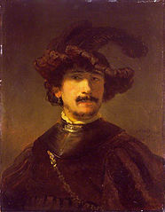 Bust of a man in a gorget and feather bonnet