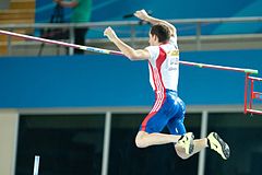 Renaud Lavillenie during the pole vault in which he won gold.