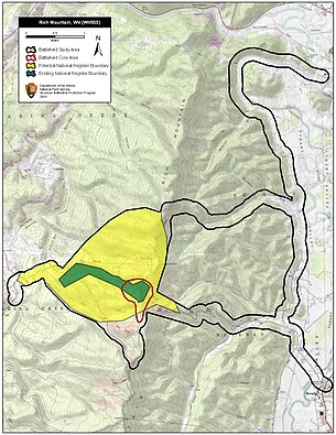 Map of Rich Mountain Battlefield core and study areas by the American Battlefield Protection Program Rich Mountain Battlefield West Virginia.jpg