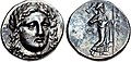 Coinage of Mausolus as Achaemenid dynast of Caria. Head of Apollo facing/ Zeus Labrandos standing, legend ΜΑΥΣΣΩΛΛΟ ("Maussollo"). c. 376–353 BC.[23]