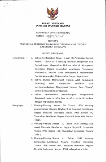 Surat Keputusan Bupati Enrekang Nomor 159/Kep/II/2018 tentang Pengakuan Terhadap Masyarakat Hukum Adat "Orong" Kabupaten Enrekang