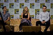 Acker with Casper Van Dien and Nolan North at the Con Man panel at the Comic-Con International (21 July 2017)