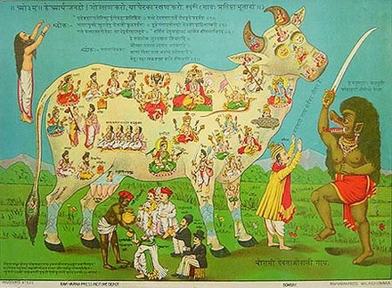 A pamphlet protesting cow slaughter, first created in 1893. A meat eater (mansahari) is shown as a demon with sword, with a man telling him "don't kill, cow is life-source for all". It was interpreted to be representing muslims. Redrawn the Raja Ravi Varma (c. 1897).