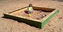 Overhead view of toddler in square sandbox in sunshine.