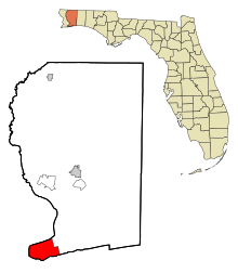 Áreas de Santa Rosa County Florida Incorporated e Unincorporated Gulf Breeze Highlighted.svg