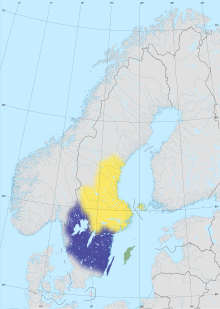 Approximate borders of Sweden in the 12th century before the incorporation of Finland during the 13th century. Blue and yellow represent the Geats and Suiones tribes; their unification marks the consolidation of Sweden (in one commonly-held view).
.mw-parser-output .legend{page-break-inside:avoid;break-inside:avoid-column}.mw-parser-output .legend-color{display:inline-block;min-width:1.25em;height:1.25em;line-height:1.25;margin:1px 0;text-align:center;border:1px solid black;background-color:transparent;color:black}.mw-parser-output .legend-text{}
Geats
Suiones
Gutes Scandinavia-12th century.svg