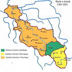 Slezsko v letech 1185 až 1201(Jaroslavův úděl zeleně)