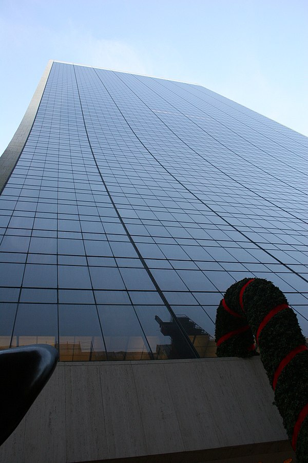 View of the sloped facade as seen from street level