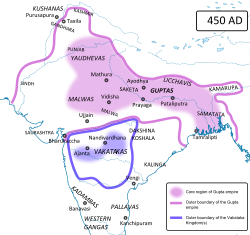 Phạm vi gần đúng của các lãnh thổ Gupta (màu hồng) vào năm 450 CN