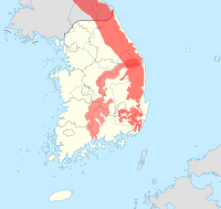 태백산맥·소백산맥의 두 산맥이 특별히 표시된 지도 South Korea location map with taebaek and sobaek mountains marked.svg