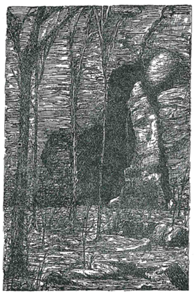 Drawing of Squaw's Cave of Bolton Notch State Park from the book The Story of Wunnee-Neetunah, or The Life of an Indian Princess of Connecticut by Mathia Spiess, circa 1934