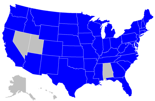 Un mapa de los Estados Unidos con los estados con loterías resaltados